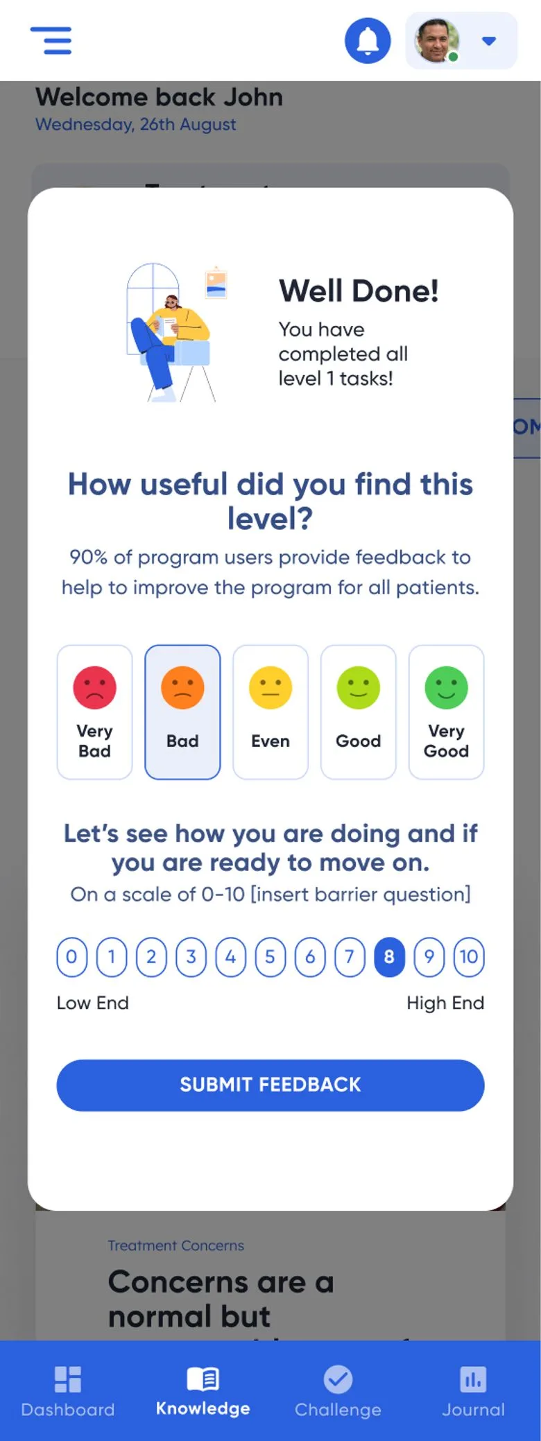 Atlantis Health feedback screen on mobile