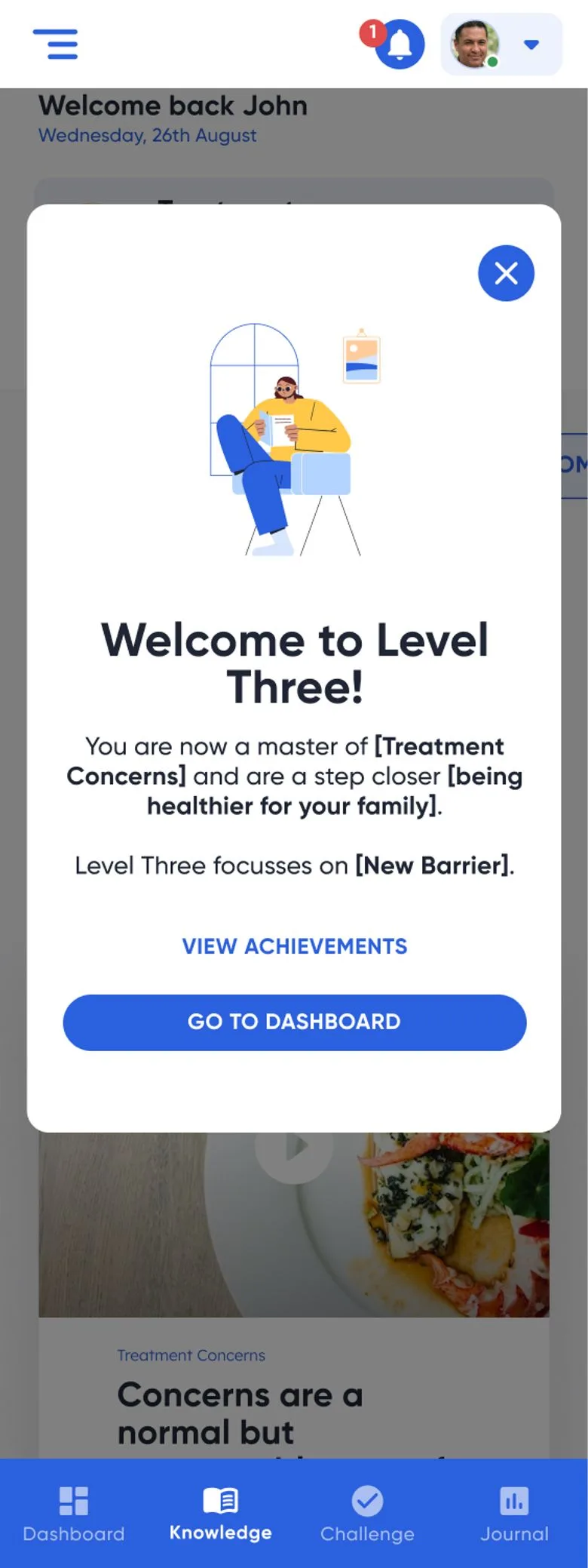 Atlantis Health level up screen on mobile