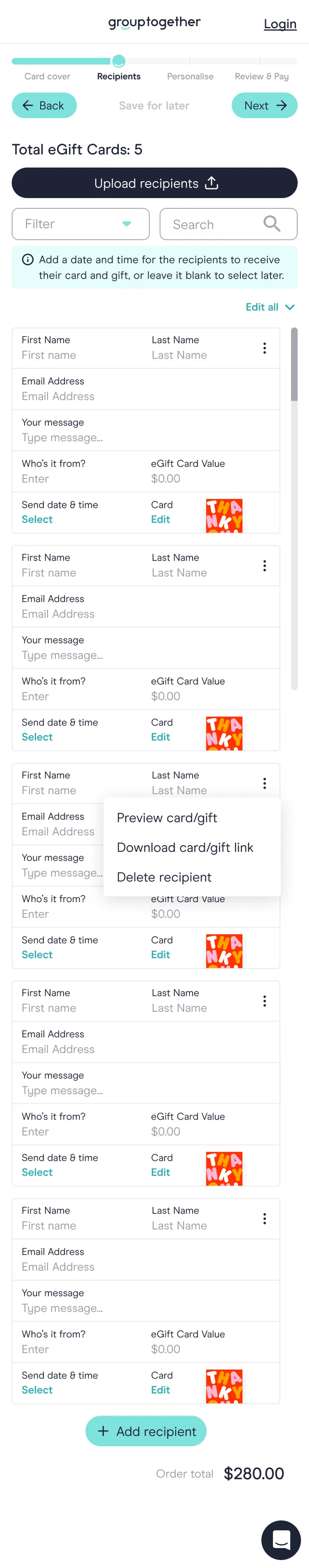 GroupTogether recipients screen on mobile
