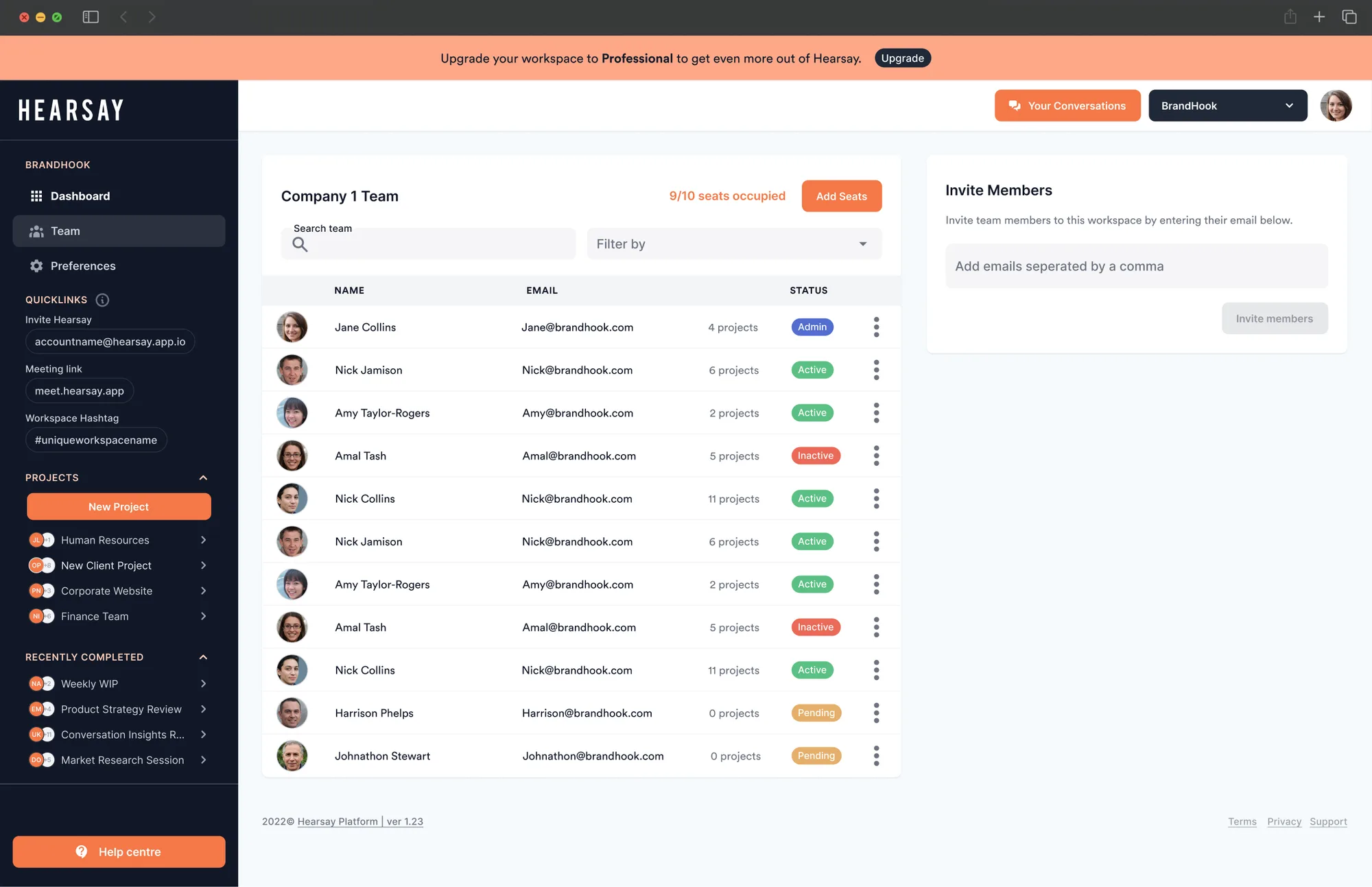 Hearsay team screen