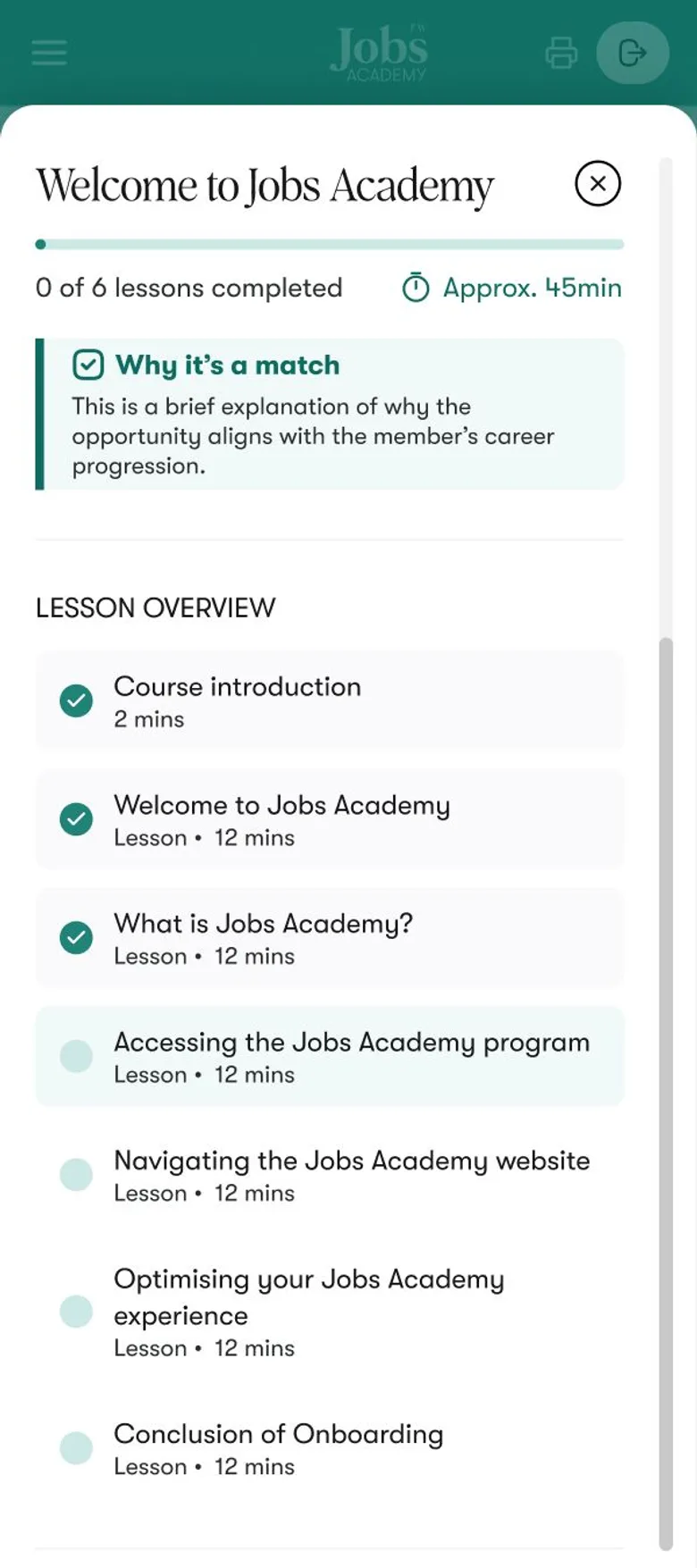 Jobs Academy lessons screen on mobile