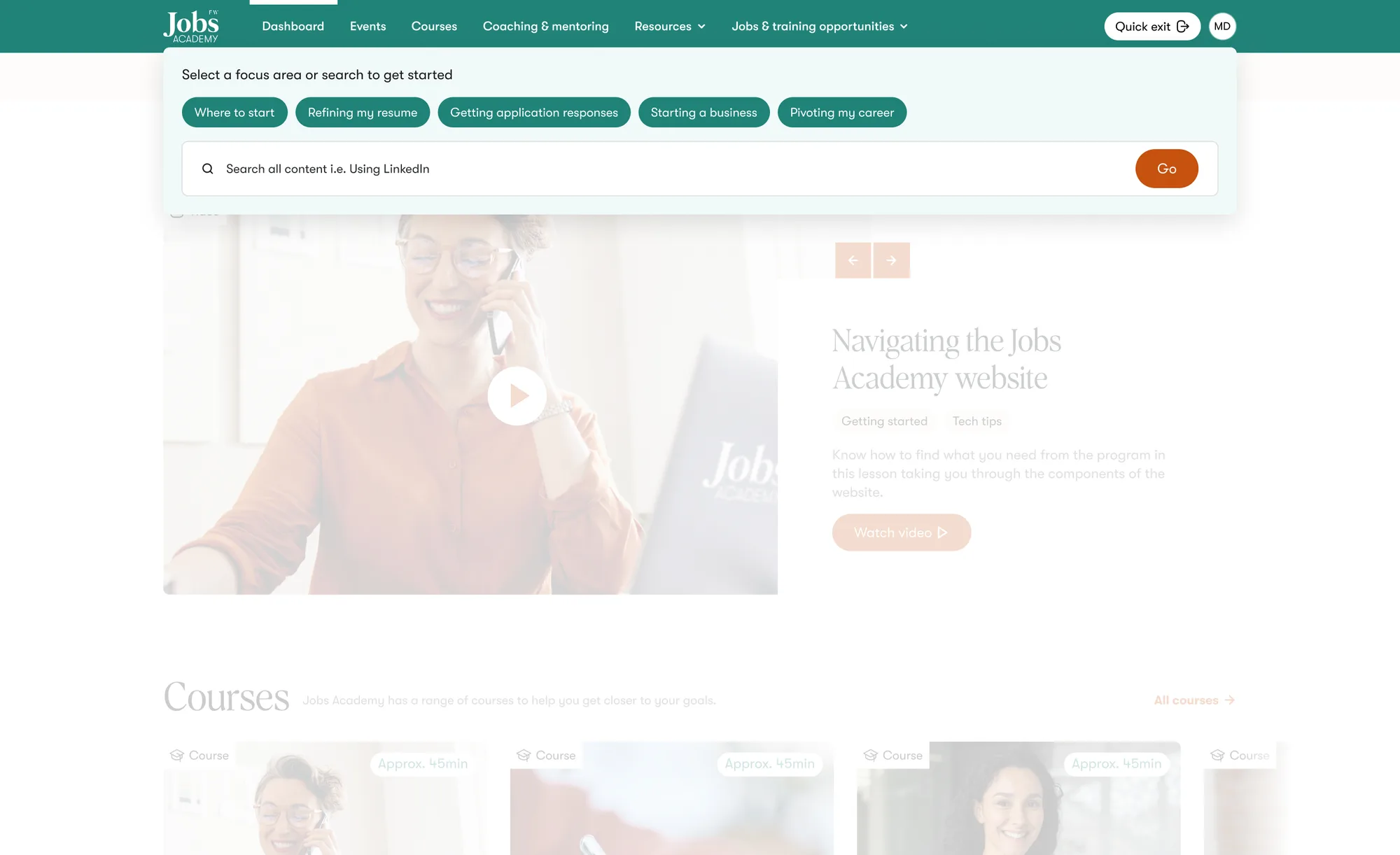 Jobs Academy search screen