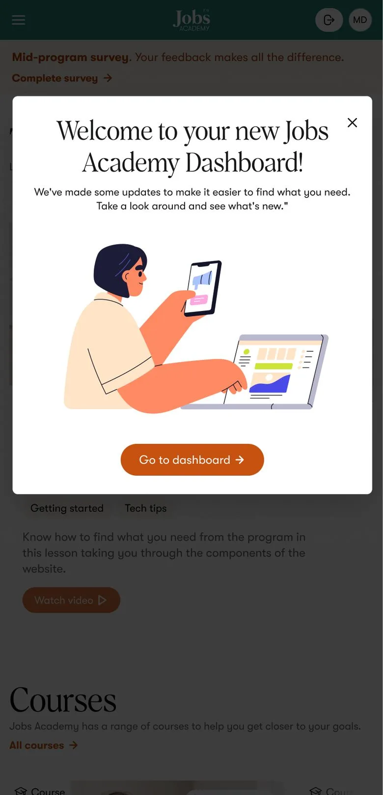 Jobs Academy welcome mobile screen on mobile