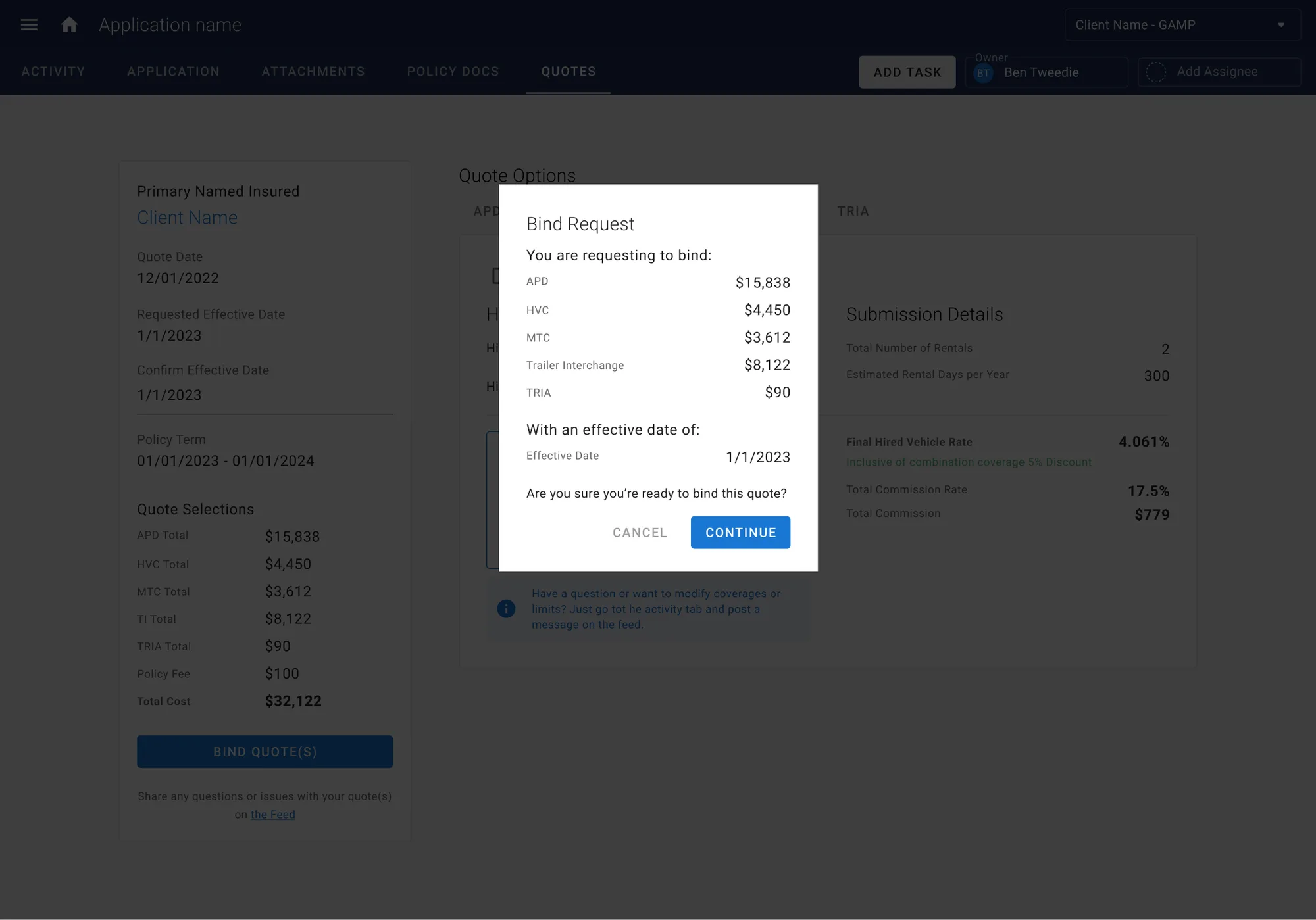 PolicyFly bind screen