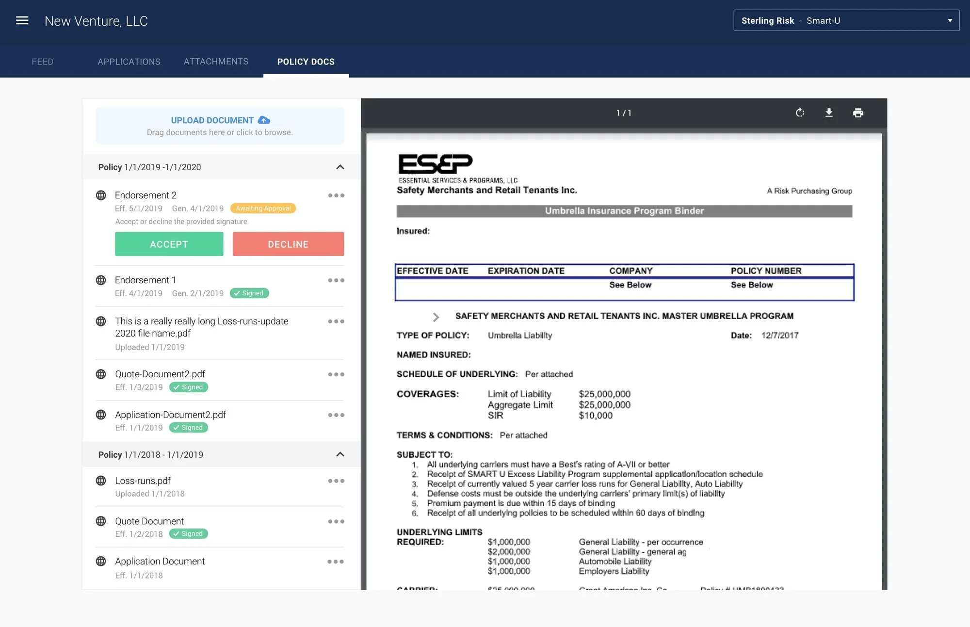 PolicyFly documents base screen