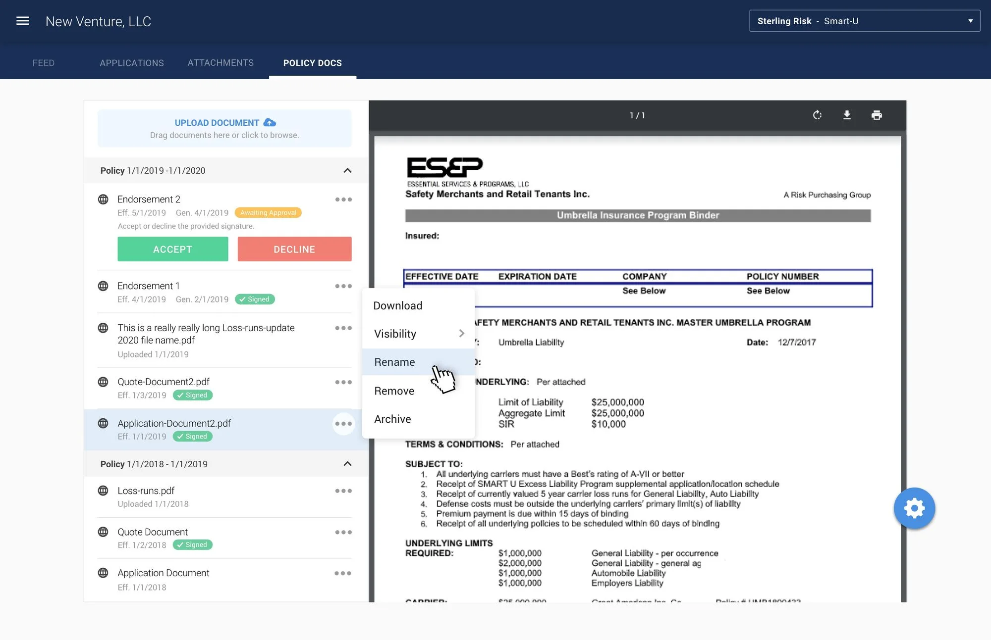 PolicyFly documents screen
