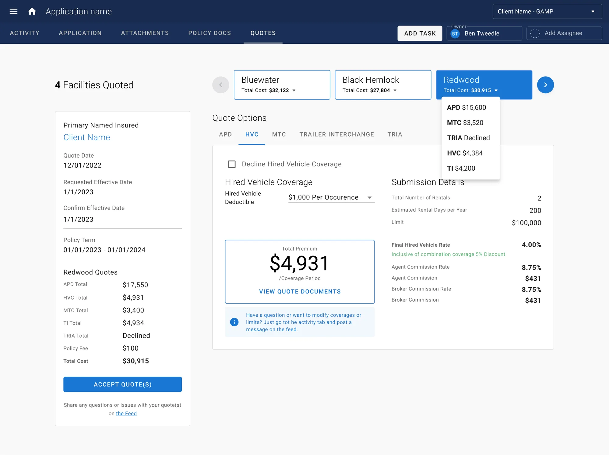 PolicyFly facilities screen