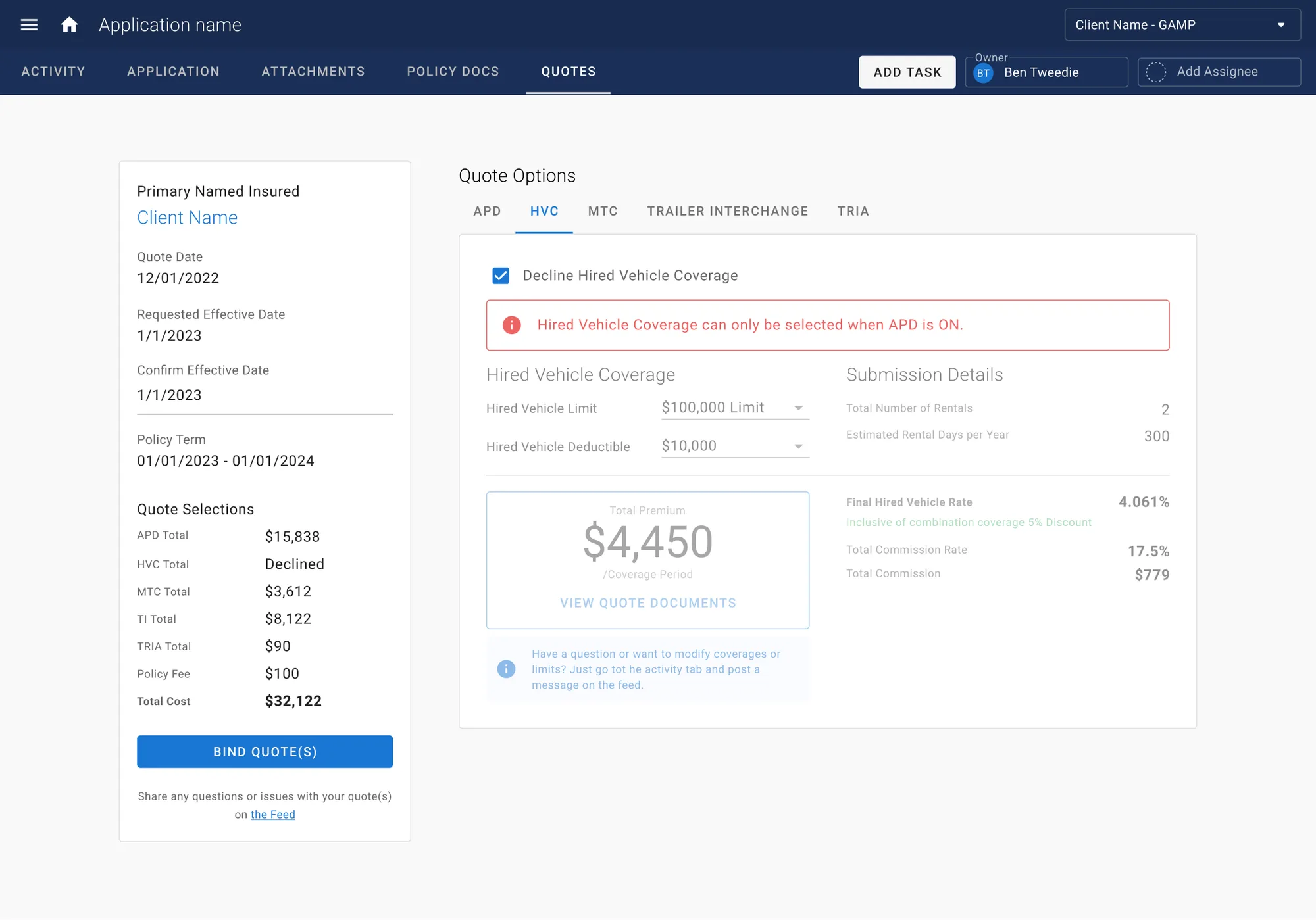 PolicyFly hired vehicles screen