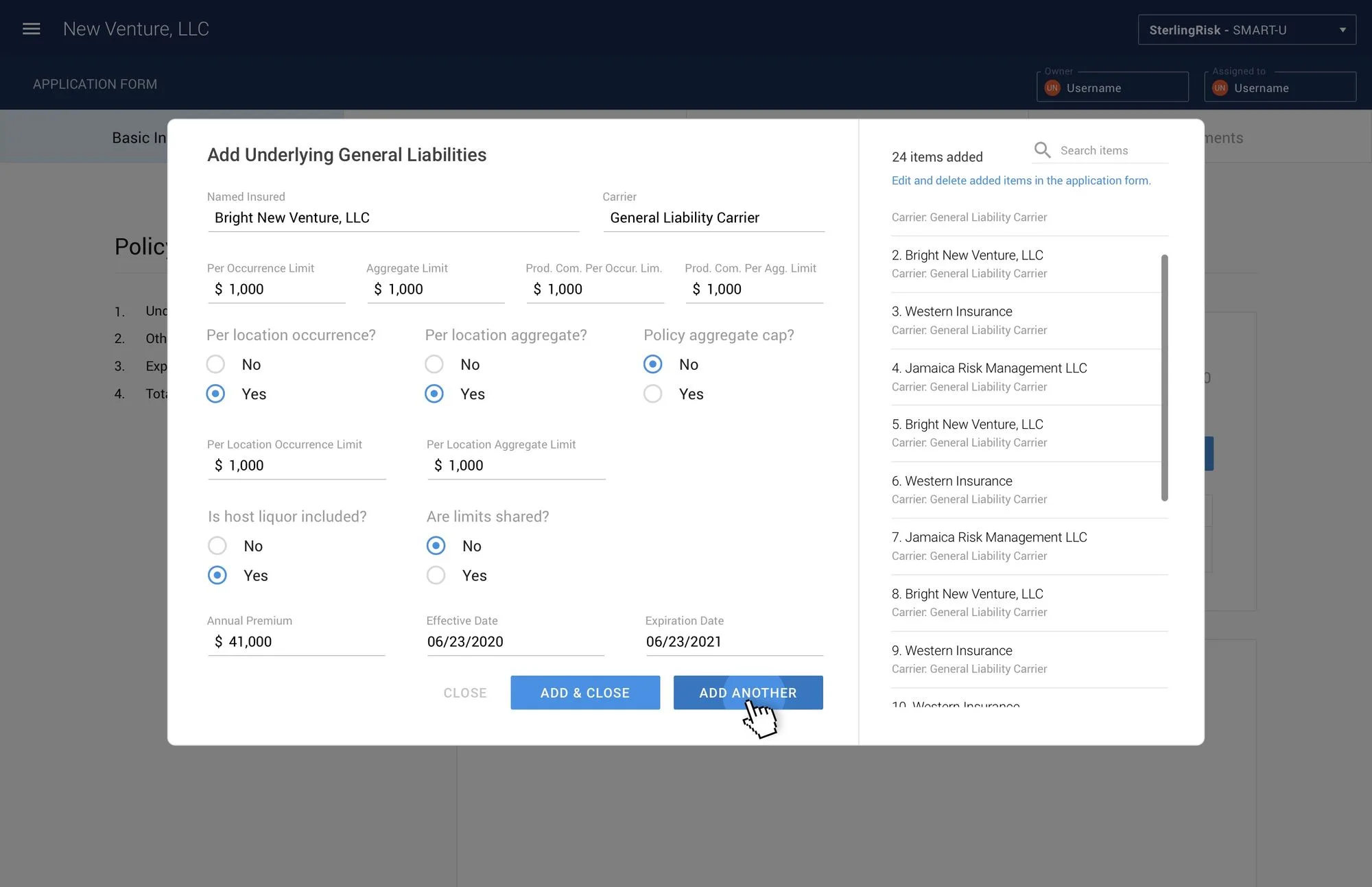 PolicyFly liabilities screen
