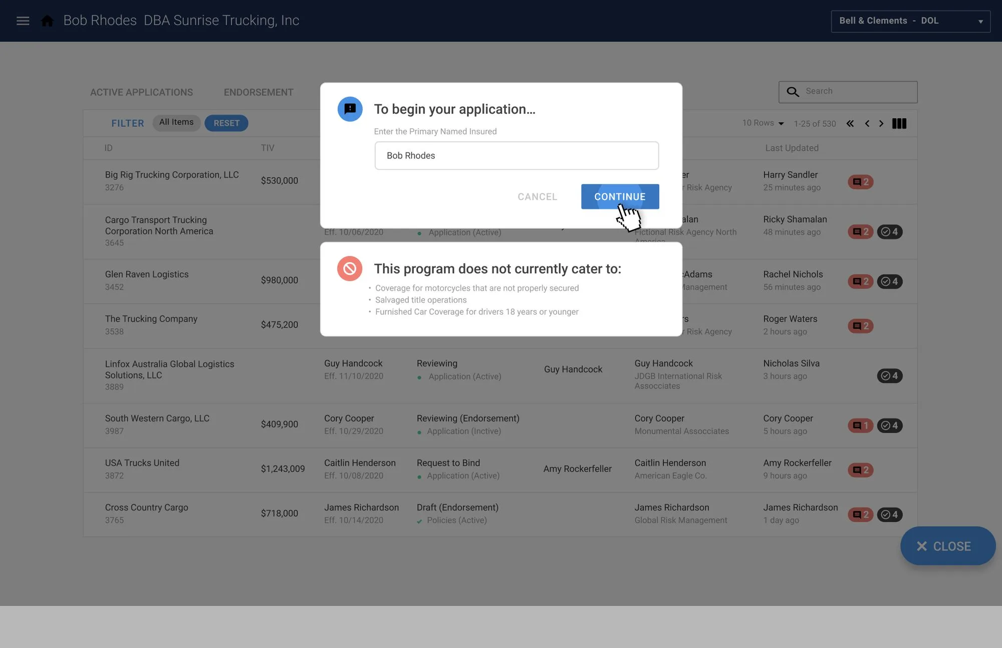 PolicyFly new application screen