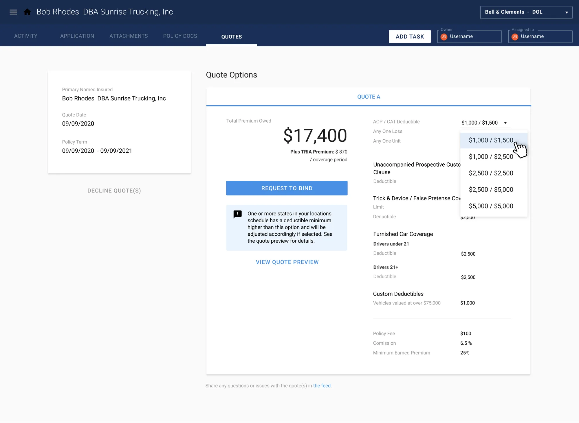 PolicyFly quote review screen