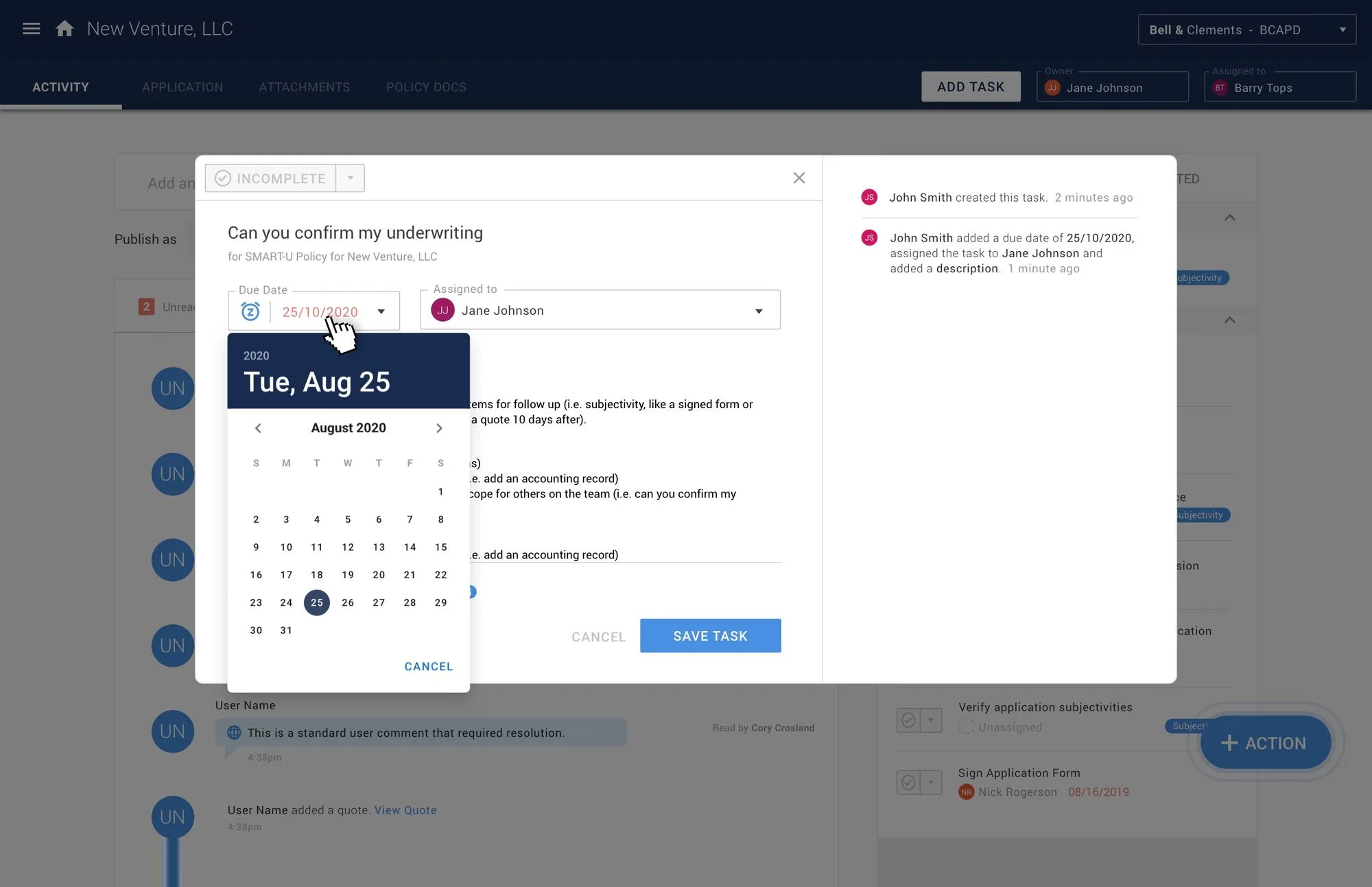 PolicyFly tasks screen