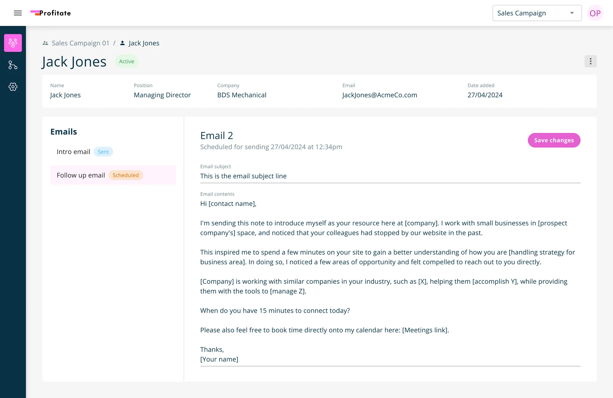 Profitate contact screen