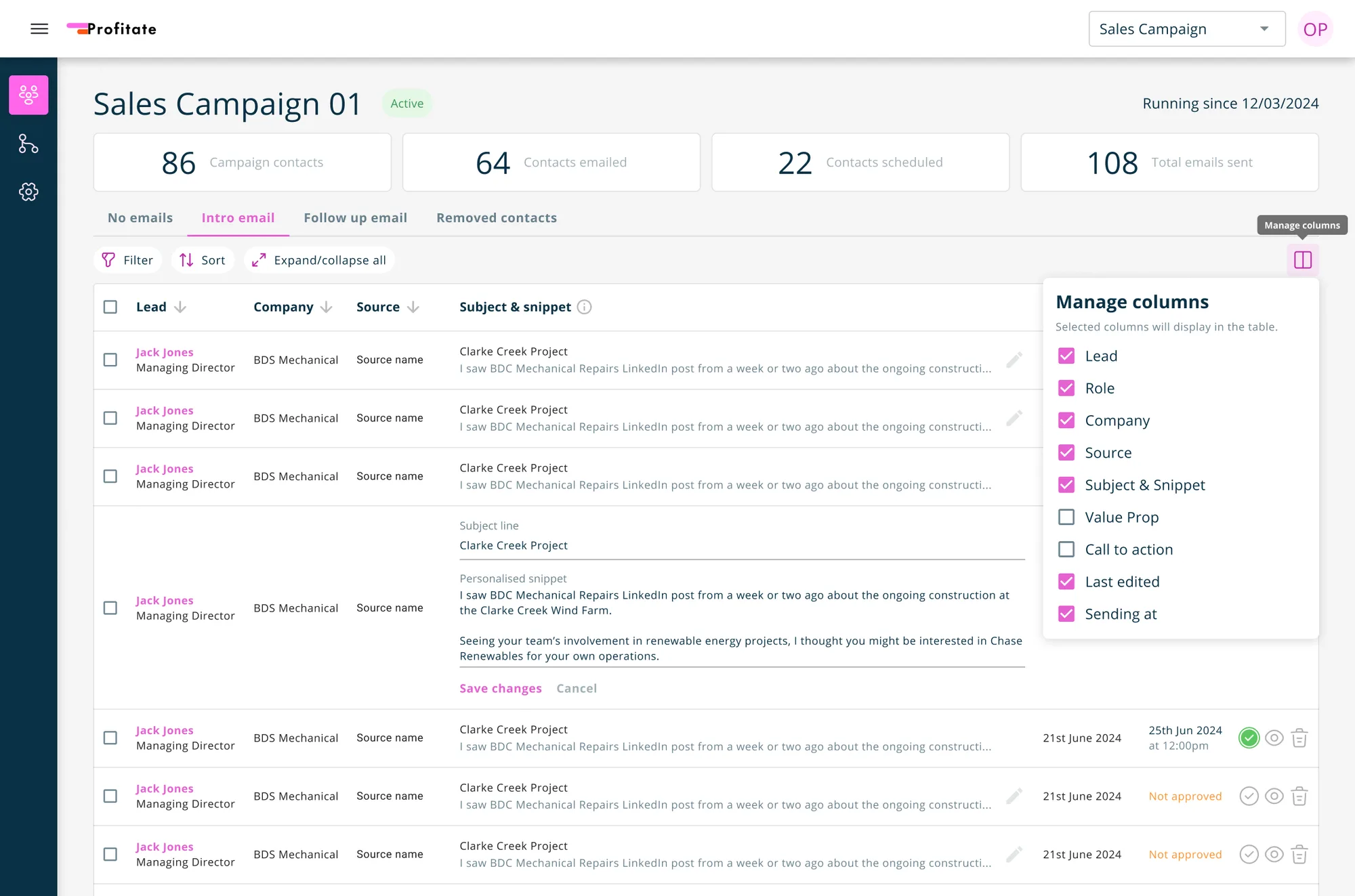 Profitate contacts screen