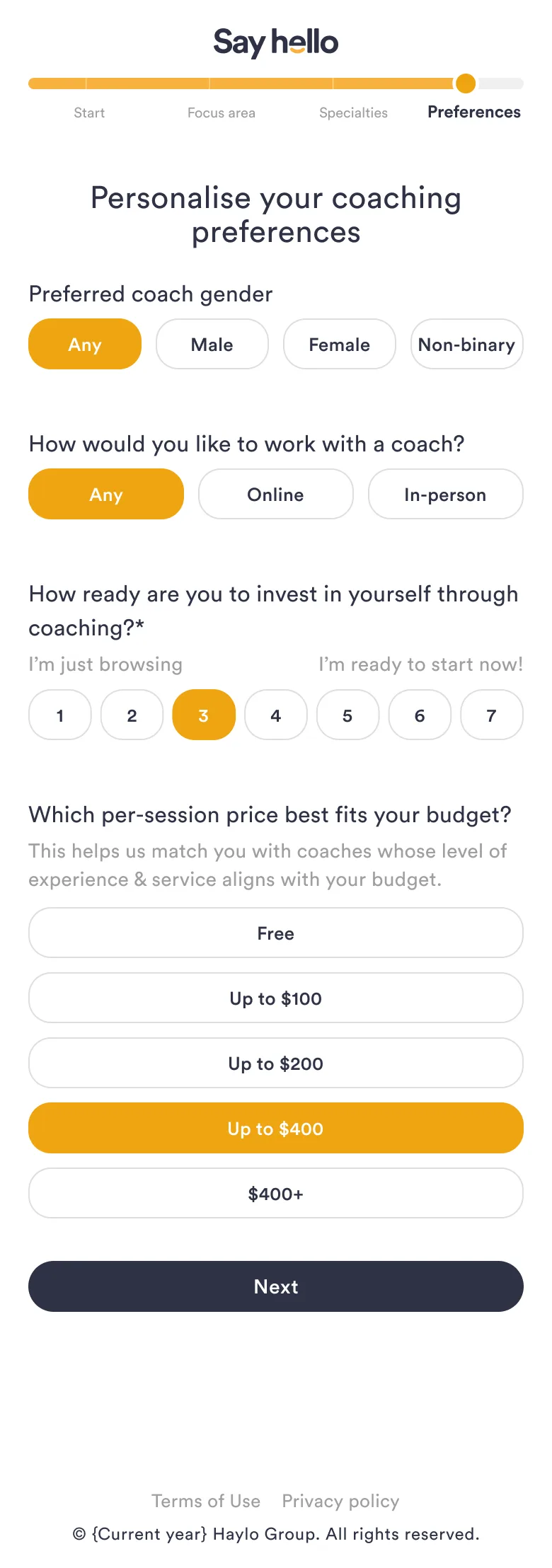 SayHello preferences screen on mobile