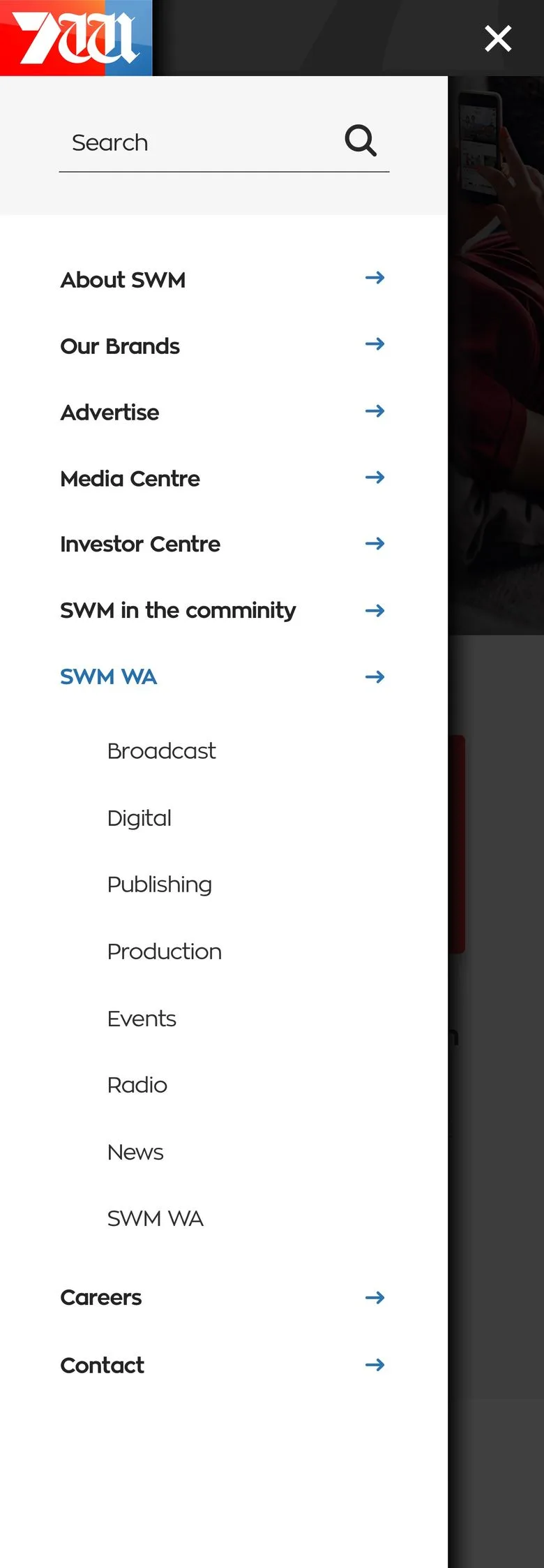 Seven West Media menu mobile screen on mobile