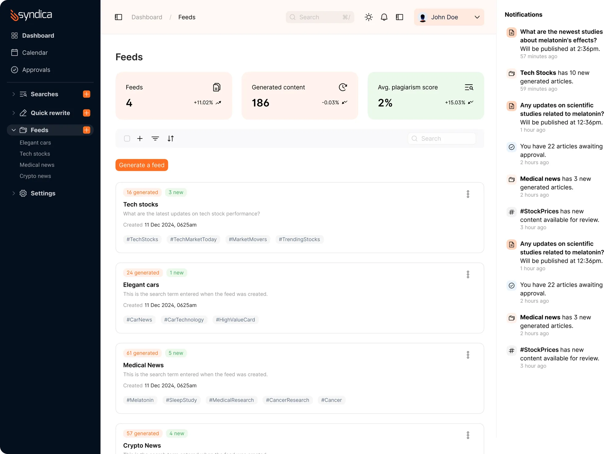 Syndica feeds screen